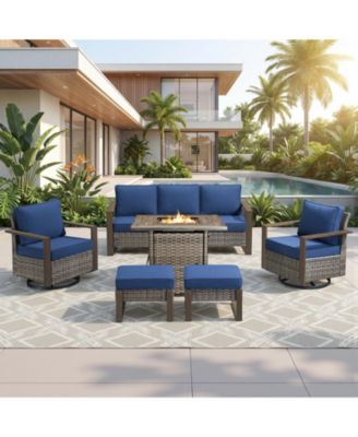 6-Piece Wicker Patio Furniture Set, Wicker Swivel Chairs, Outdoor Deep Seating Conversation Sets with Fire Pit Table and Ottomans