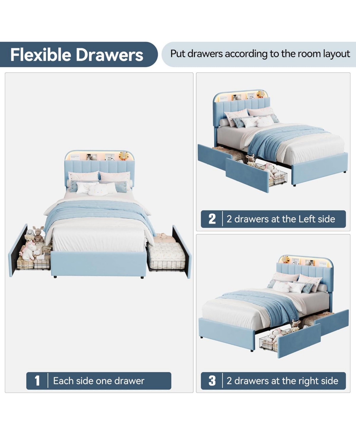 gaomon Bed Frame with 2 Flexible Drawers, Upholstered Platform Bookcase Headboard and Led Lights