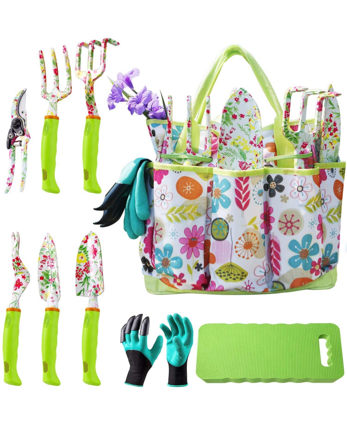 Xdovet Garden Tool Set Heavy Duty Kit Gloves Kneeling Pad Pruner Trowel Rake Weeder Transplanter - Green