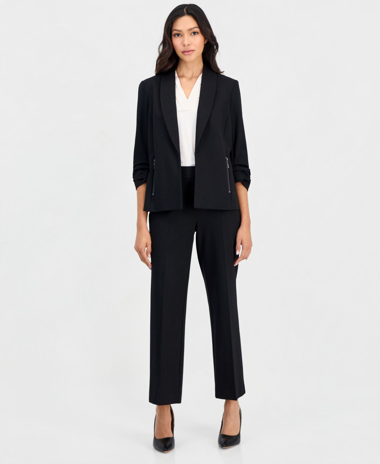 Женские комплекты Anne Klein Essentials Petite 3/4-Sleeve Open-Front Jacket & Pull-On Wide-Leg Pants, цвет: Чёрный — фото 2