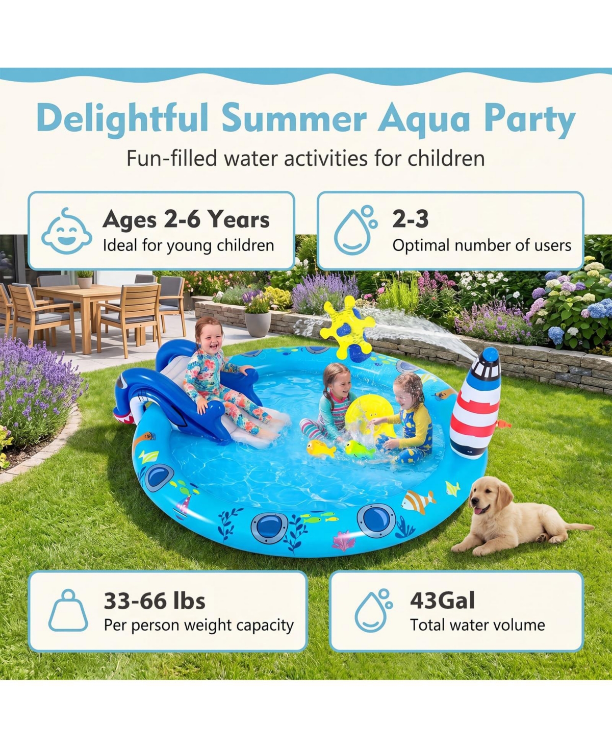 Aofar Inflatable Pool Shark Slide Sprinkler Fishing Water Play Center