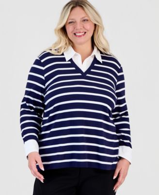 Plus Size Long-Sleeve Striped V-Neck T-Shirt