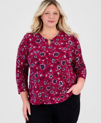 Plus Size Kissing Trim Top Floral-Print V-Neck Keyhole Detail Blouse
