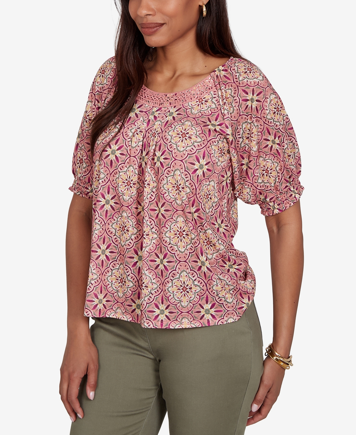 Ruby Rd. Petite Desert Geo Print Lace Trim Knit Top
