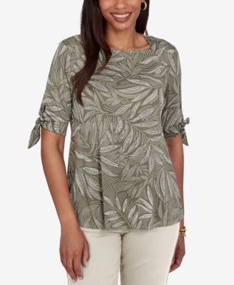Petite Leaf Puff Print Knit Tie-Sleeve Top