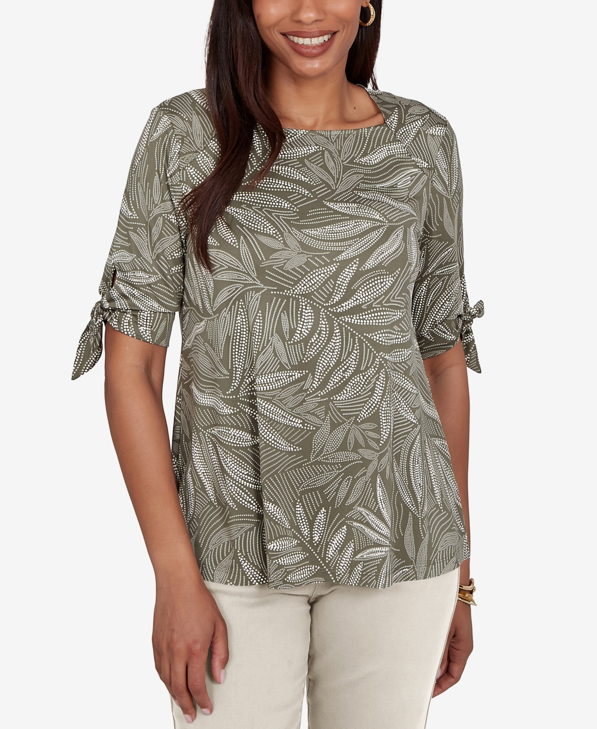 Ruby Rd. Petite Leaf Puff Print Knit Tie Sleeve Top In Gray