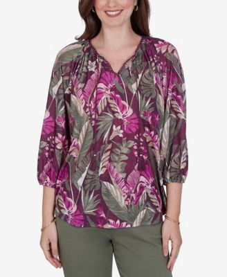Petite Tropical Print Knit Tassel Top