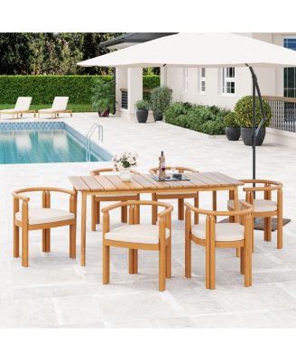 7-Piece Acacia Wood Patio Dining Set with Armrest Chairs and Cushions