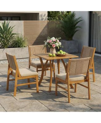 5-Piece Acacia Wood Outdoor Dining Set with Wicker Chairs and Cushions