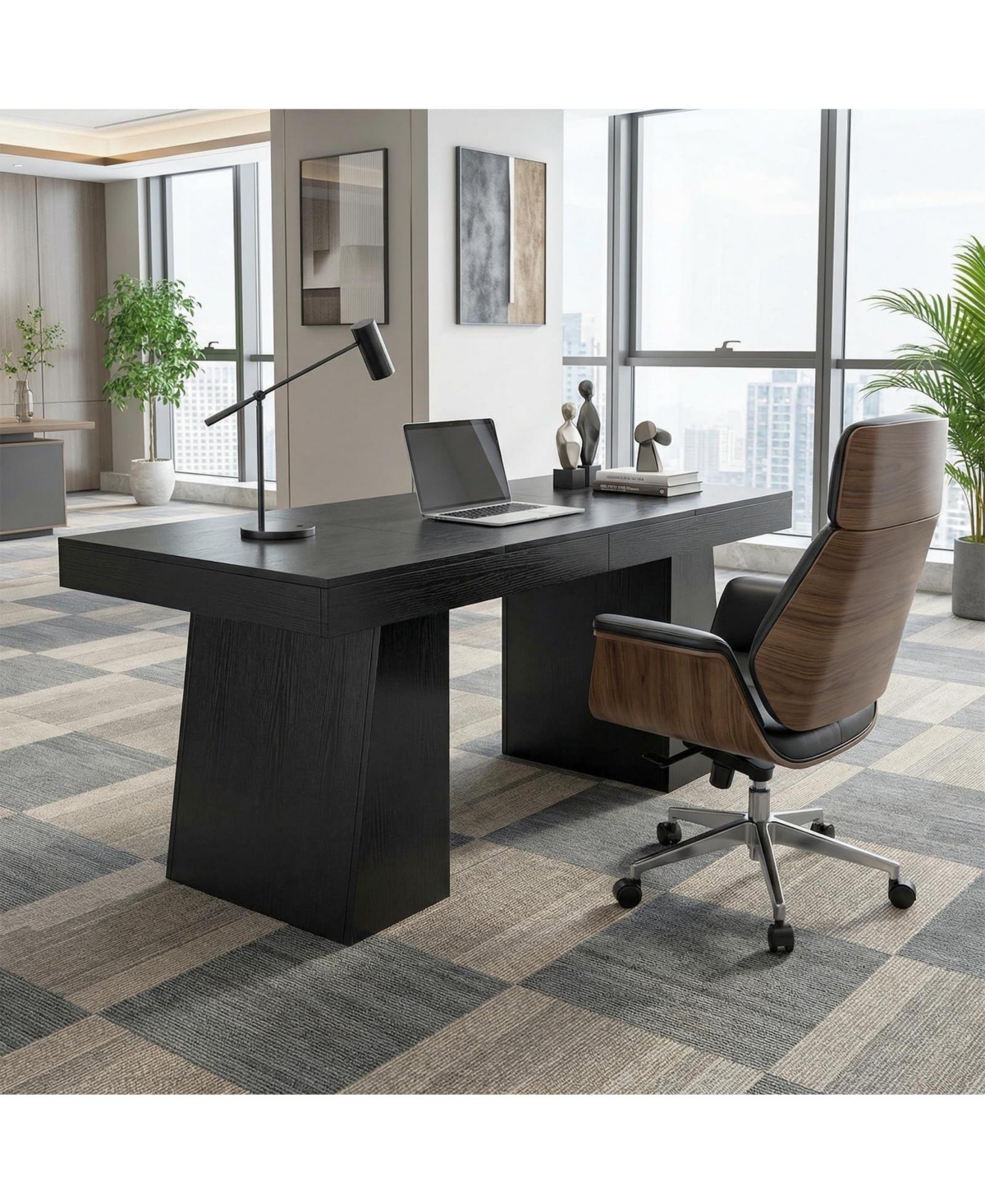gaomon 55 Inch Black Wood Executive Desk Modern Home Office Computer Desk Workstation Writing Table Business Conference Room Furniture