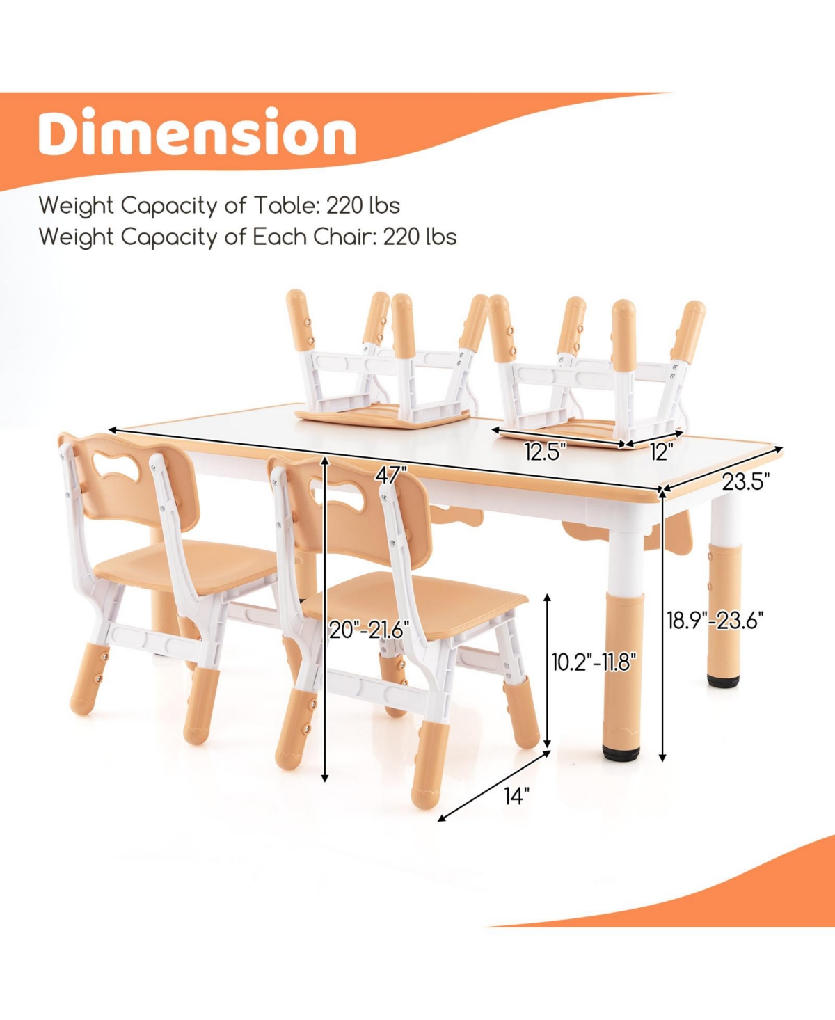 Gouun Kids Adjustable 4-Seat Table and Chairs Set with Stackable Seating