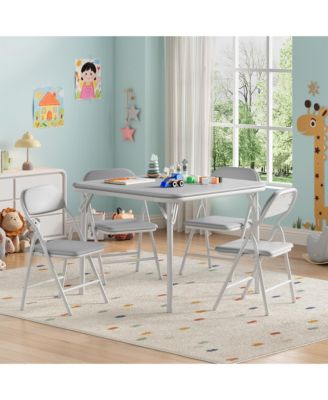 5-Piece Kids Folding Table and Chairs Set – PU Cushioned Square Table, Durable Metal Frame, Portable, Space-Saving, Ideal for Dining, Crafts