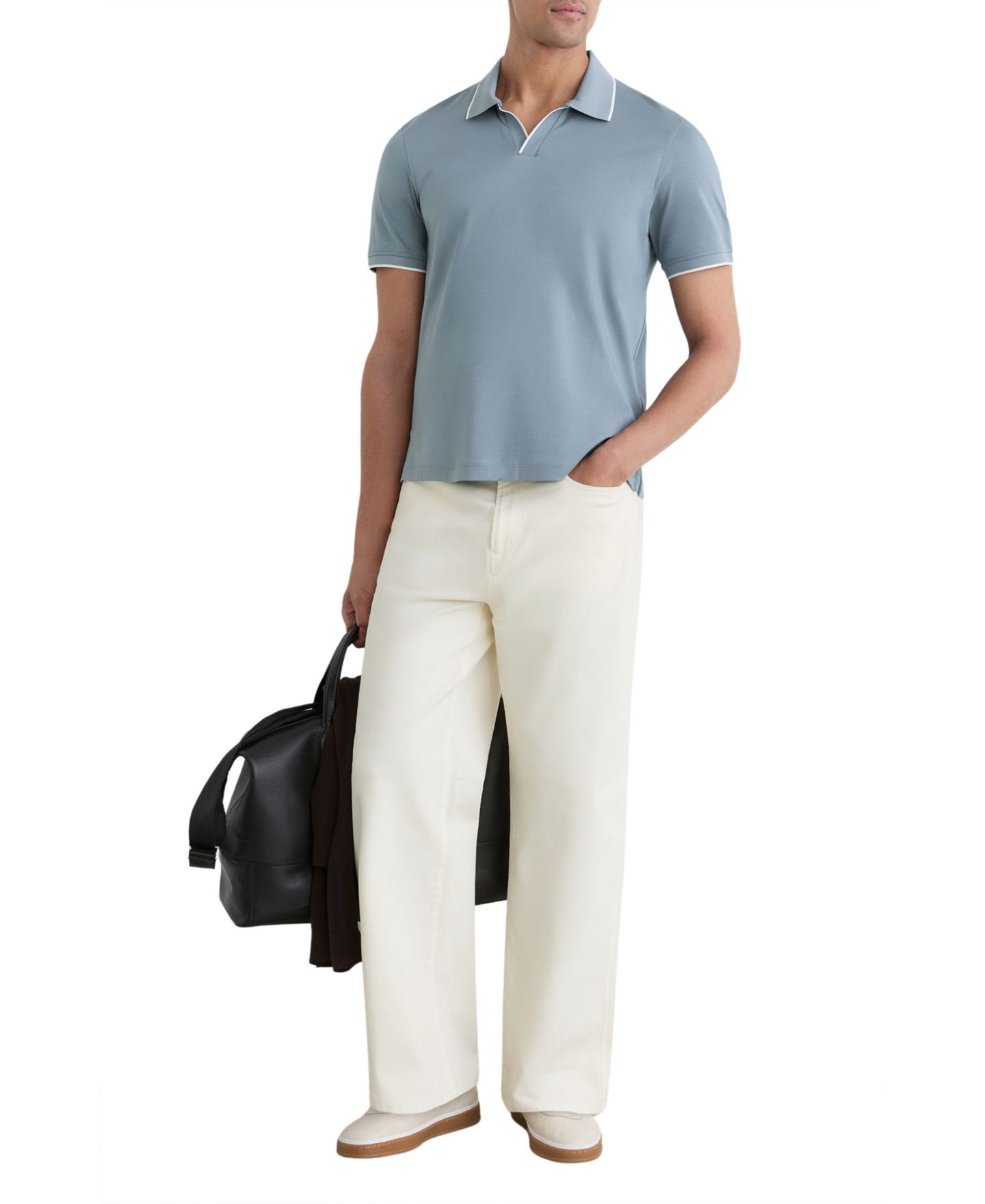 Мужское поло REISS Nico Airwater Cotton Tipped Open Collar Polo Shirt, цвет: Пыльный синий — фото 2