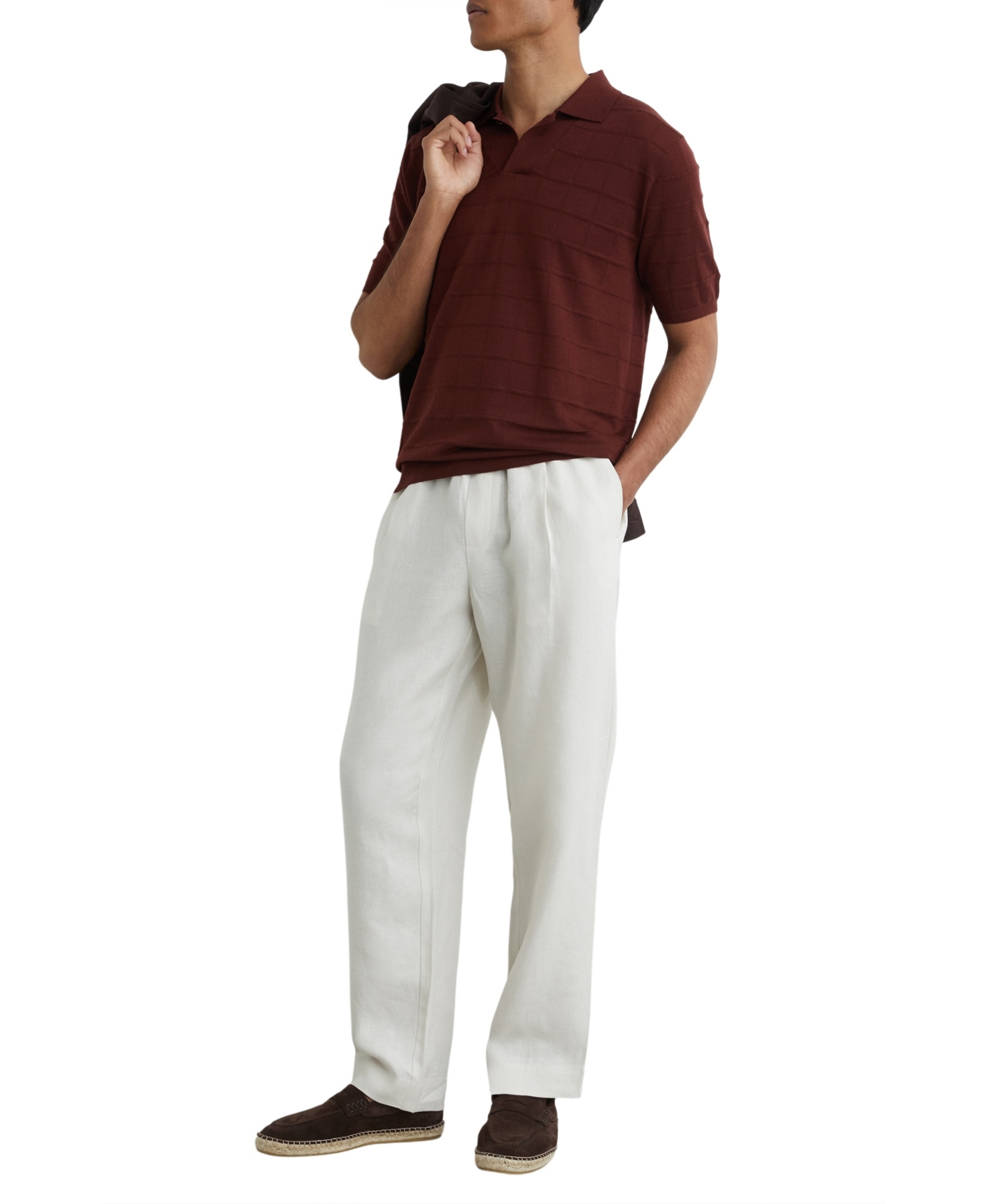 Reiss Men's Serval Open Collar Check Textured Polo Shirt