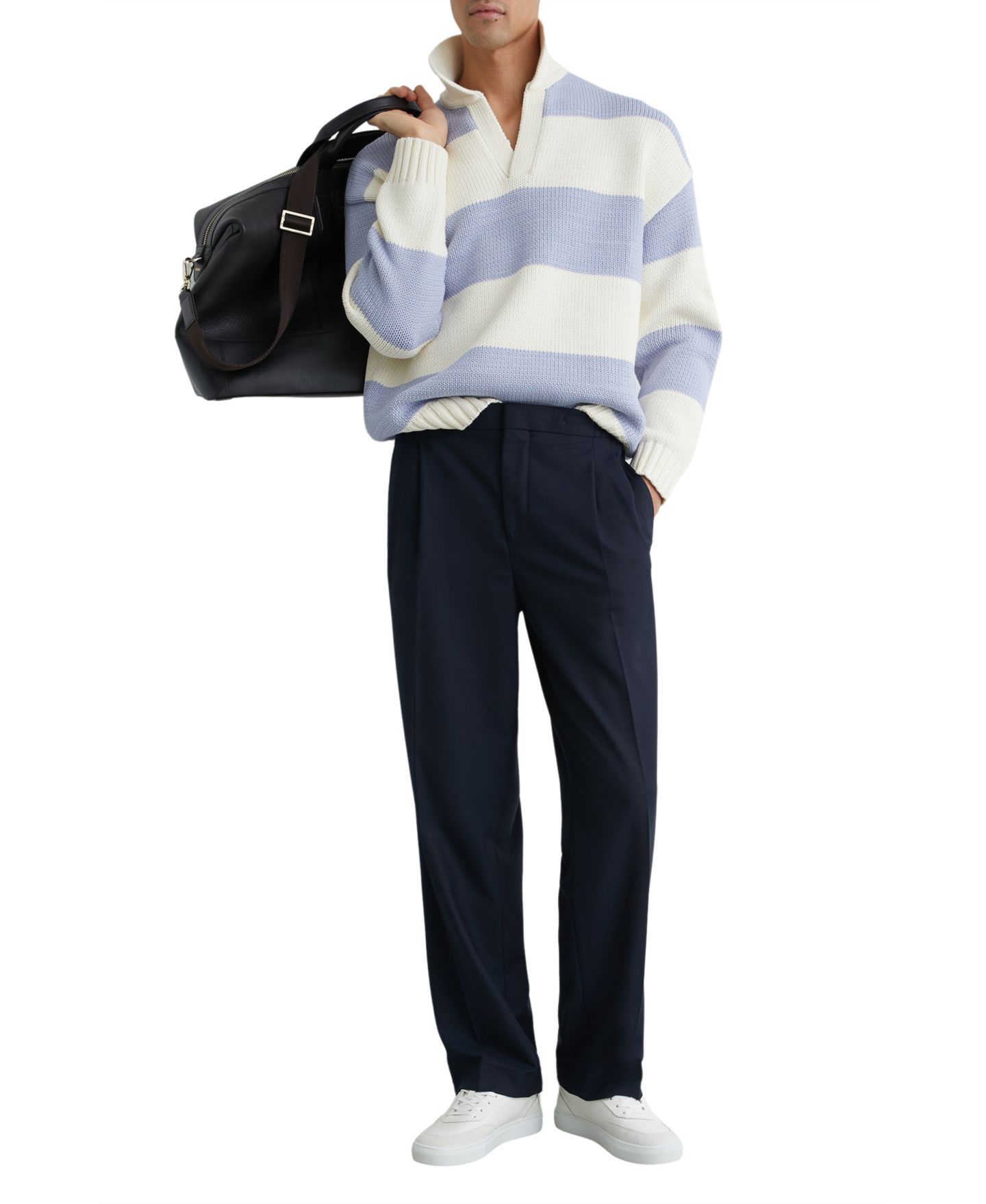 Мужской свитер REISS Winger Open Collar Block Stripe Rugby Jumper, цвет: Белый / Синий — фото 2