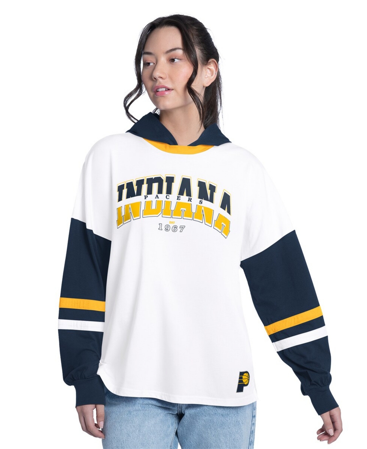 G-iii 4Her by Carl Banks Women's White/Navy Indiana Pacers Key Player Oversized Hooded Long Sleeve T-Shirt - White, Navy