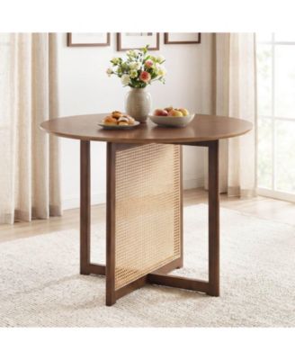Round Dining Table with Cross Pedestal Base, PE Rattan Decoration for Dining Room
