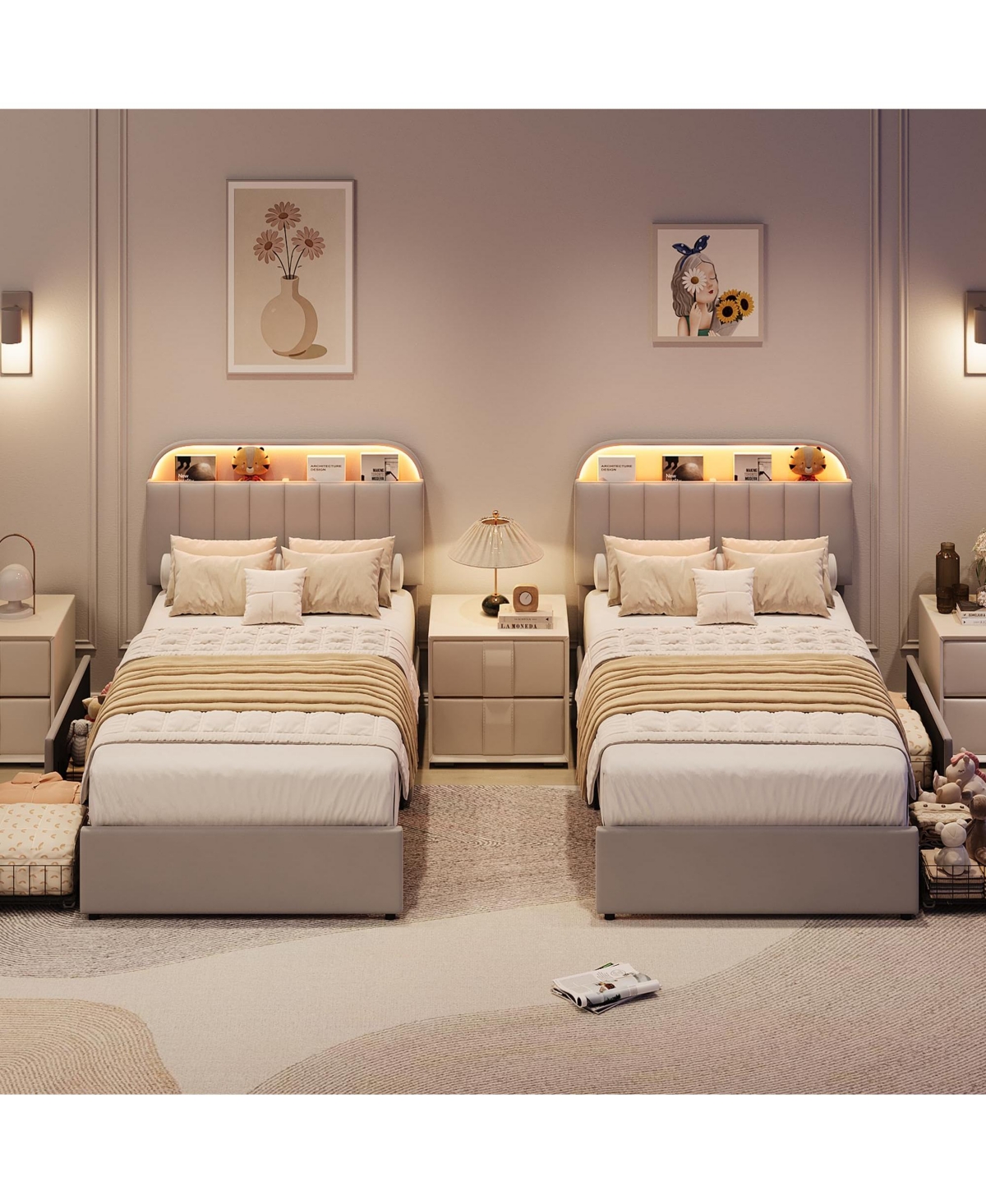gaomon Bed Frame with Storage Headboard, Kids Bed Frame with 2 Drawers, Velvet Upholstered Platform Bed Frame with Lights
