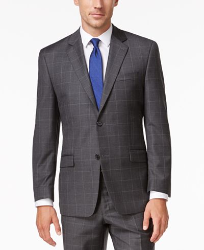 Shaquille O'Neal Collection Men's Big & Tall Classic-Fit Charcoal Windowpane Jacket, Only at Macy's