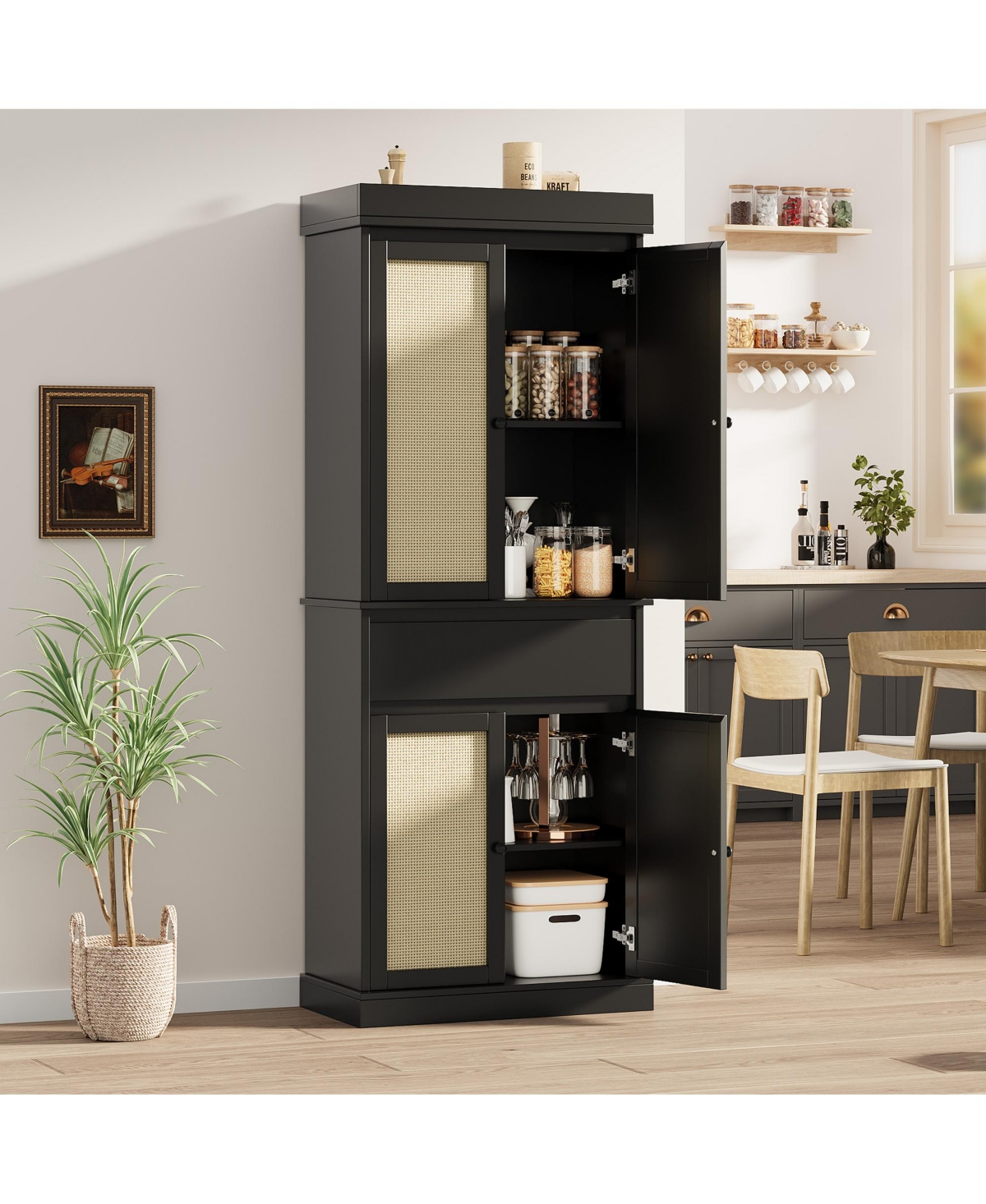 homfan Modern Rattan Pantry Cabinet with Adjustable Shelves and Drawer, Soft-Close Doors, Smooth Slides, Anti-Tip Safety, Freestanding Storage Unit