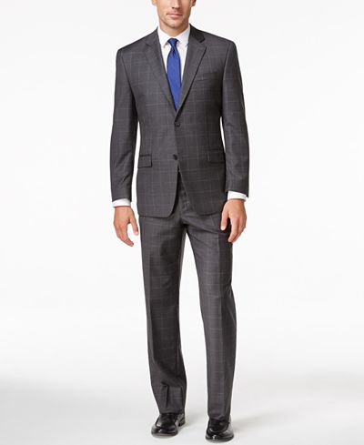 Shaquille O'Neal Collection Men's Big & Tall Classic-Fit Charcoal Windowpane Suit Separates, Only at Macy's