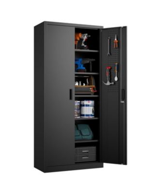 71 Inch Metal Storage Cabinet with Lock and Pegboard, Tall Garage Organizer with 5 Adjustable Shelves