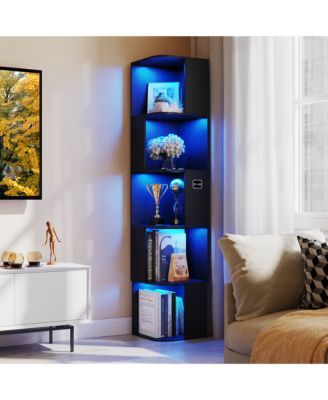 Freestanding Corner Bookshelf Display Cabinet with 3 Color LED Lights