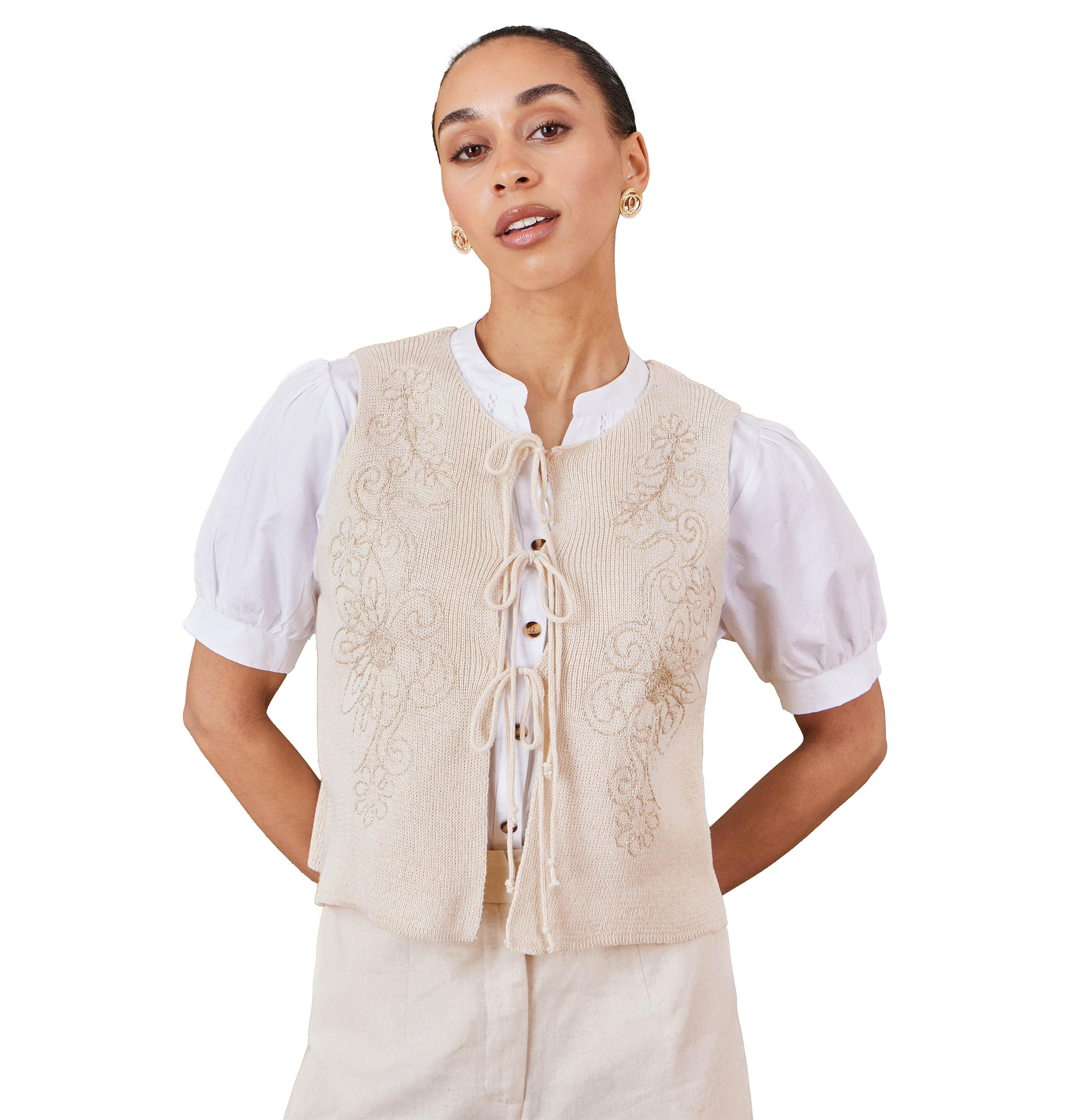 Yumi Women's Embroidered Tie Front Waistcoat