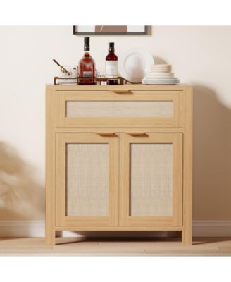 Farmhouse Rattan Sideboard Buffet Cabinet, Adjustable Shelf and Drawer, Multi-Purpose Storage Console Table for Entryway, Living Room