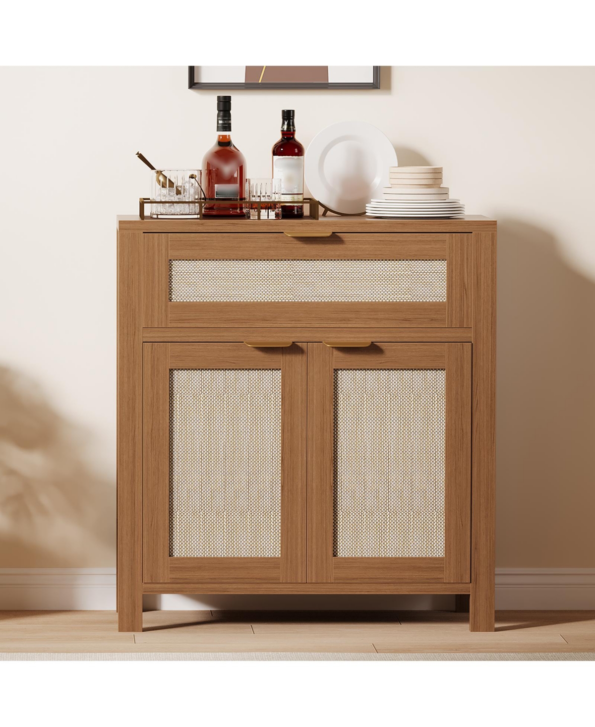 homfan Farmhouse Rattan Sideboard Buffet Cabinet, Adjustable Shelf and Drawer, Multi-Purpose Storage Console Table for Entryway, Living Room