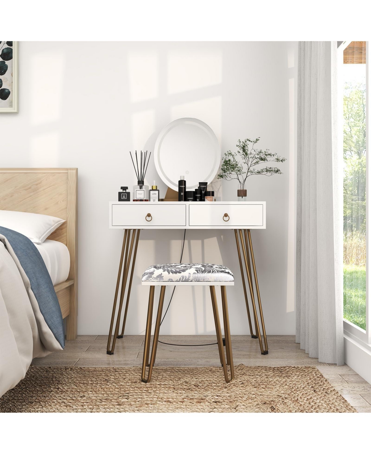 homfan Vanity Desk Set with Lighted Mirror, Soft Cushioned Stool, 3 Lighting Modes Dressing Table, 2 Drawers for Bedroom