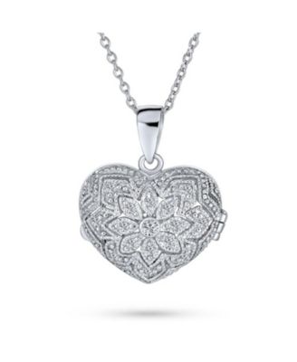 Vintage Style CZ Aromatherapy or Photo Puff Heart Shape Locket Pendant Necklace .925 Sterling Silver