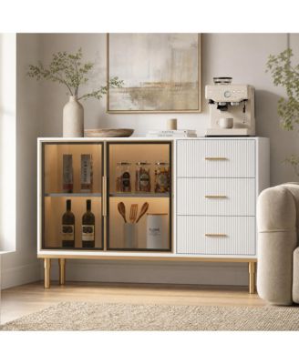 Glass Door Side Cabinet with Wave Drawers and Marble Finish, Accent Buffet Cabinet for Dining Room Living Room
