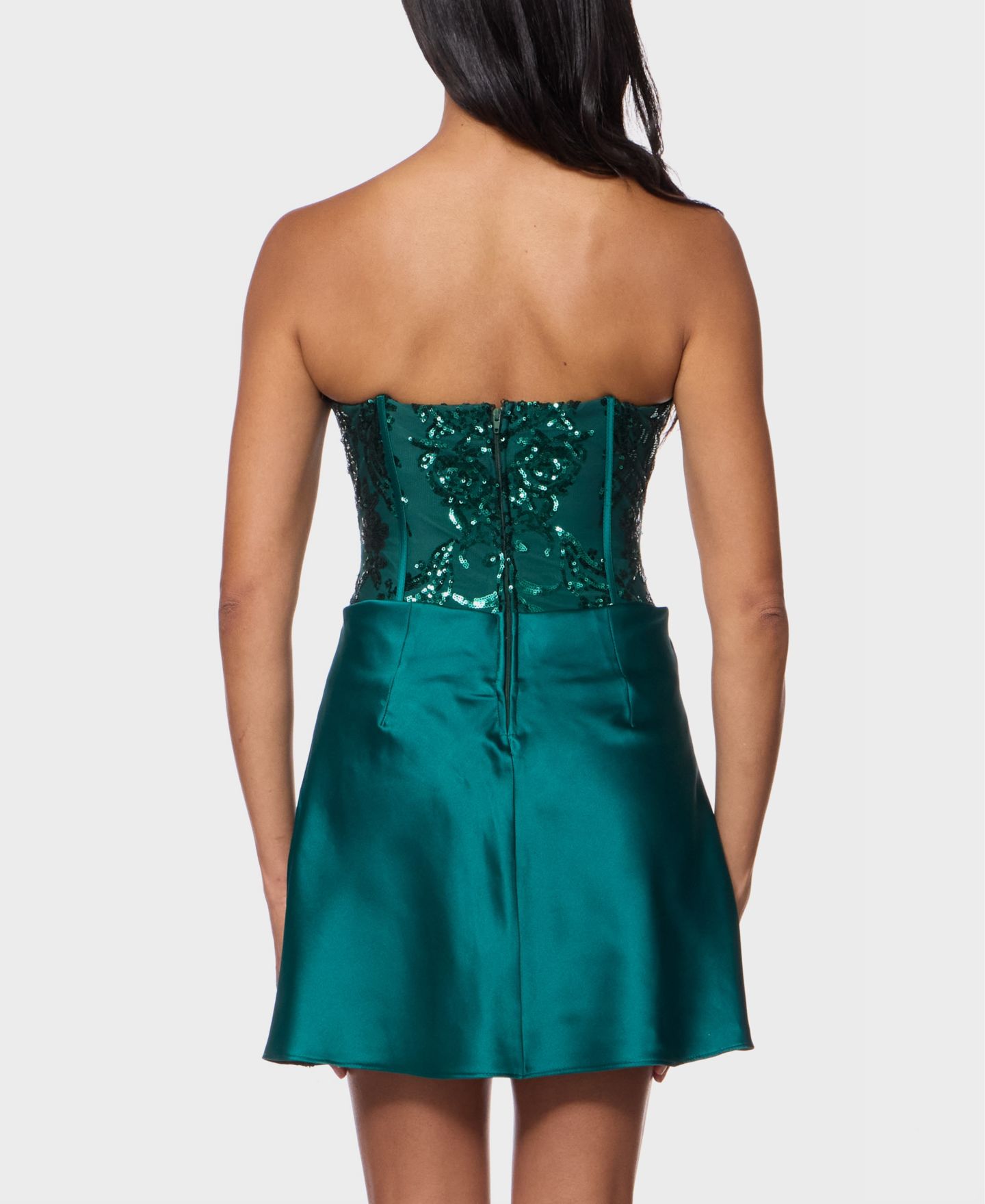Женское платье Alex & Sophia Juniors' Sequin Pattern Corseted Draped Skirt Satin Mini, цвет: Тёмно-зелёный — фото 5