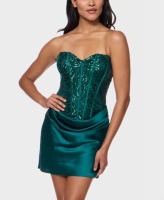 Juniors' Draped Skirt Strapless Satin Dress
