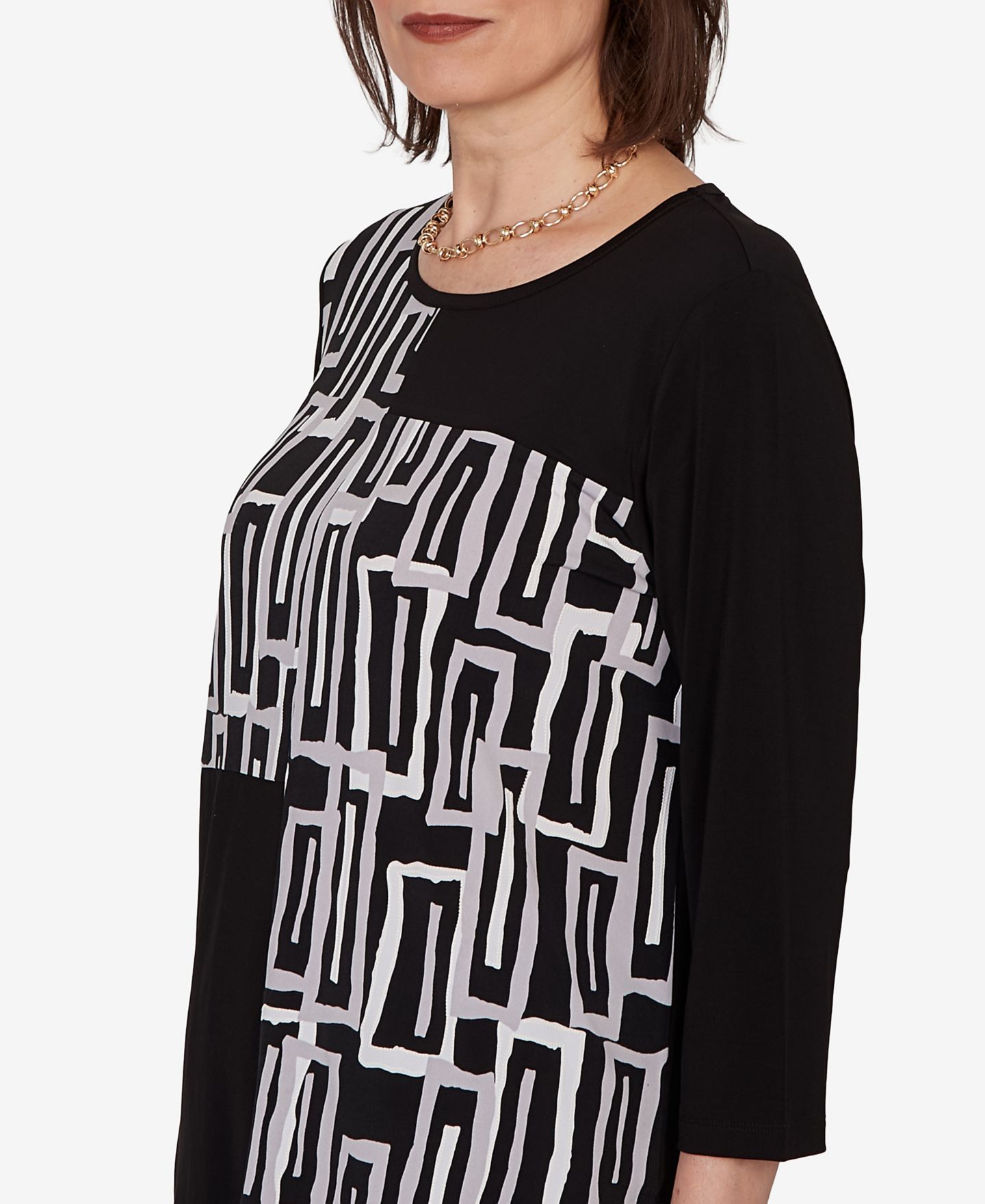 Женский топ Alfred Dunner Spliced Geometric Puff Print, цвет: Чёрный — фото 4
