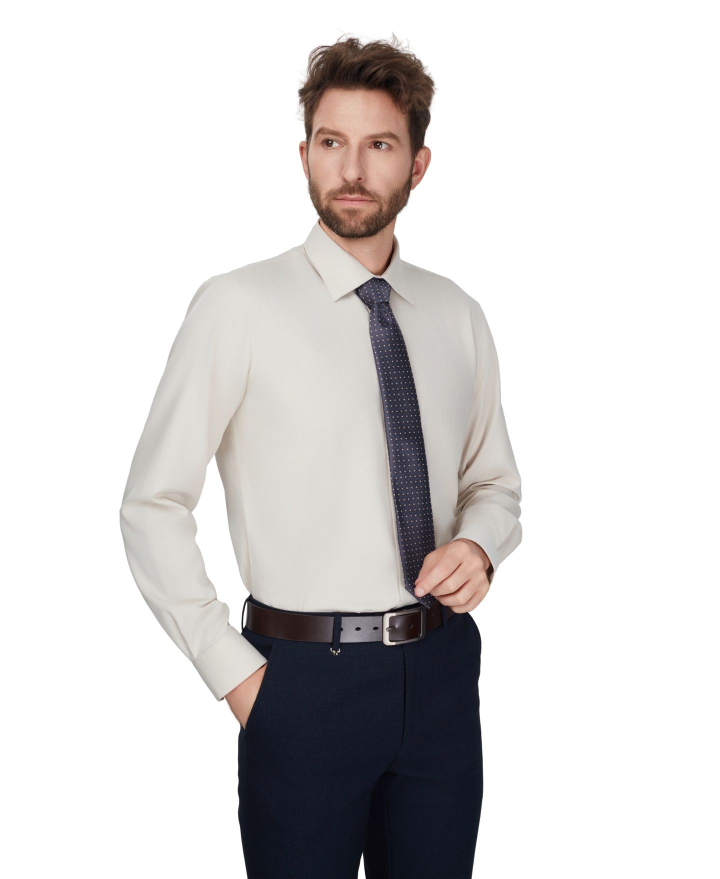 Мужская рубашка Alfani Herringbone Long-Sleeve Dress Shirt, цвет: Бежевый — фото 1
