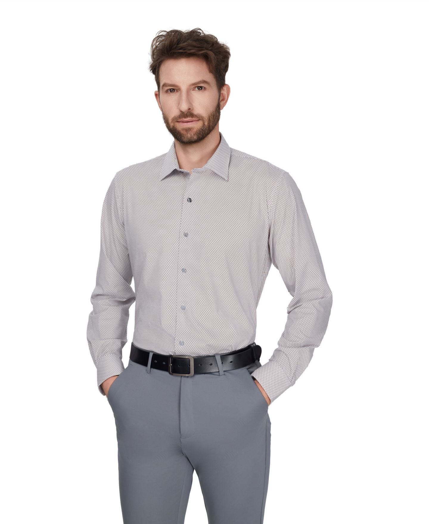 Мужская рубашка Alfani Geometric Pattern Spread Collar Dress Shirt, цвет: Коричневый — фото 1