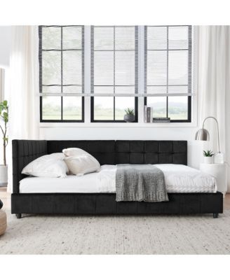 Full Size Daybed with Trundle Drawer - Velvet Upholstered Bed Frame with Comfortable Backrest and Armrests
