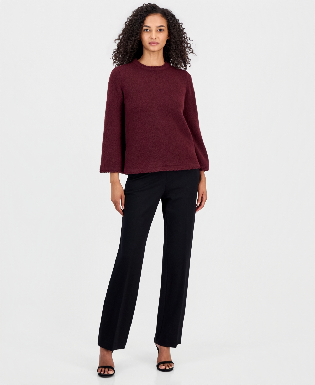 Anne Klein Women's Braided-Trim Long-Bell-Sleeve Sweater