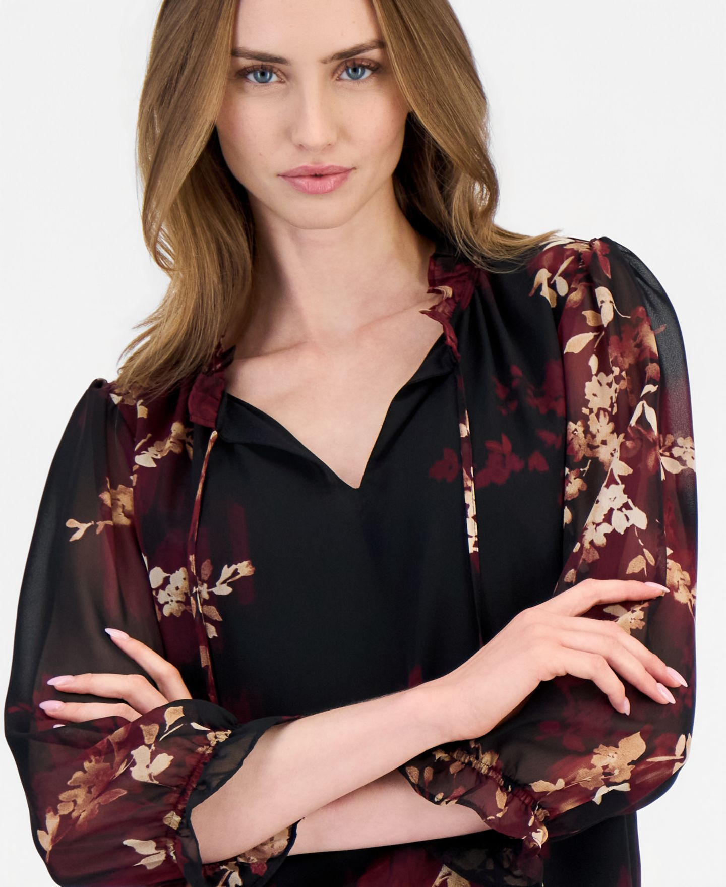Женская блузка Anne Klein Ruffle-Neck Tie-Front Floral Blouse, цвет: Чёрный разноцветный — фото 3