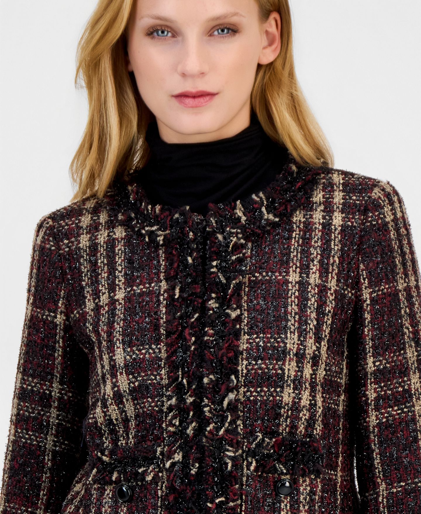 Женская куртка Anne Klein Plaid Fringe-Trim Tweed, цвет: Разноцветный — фото 4