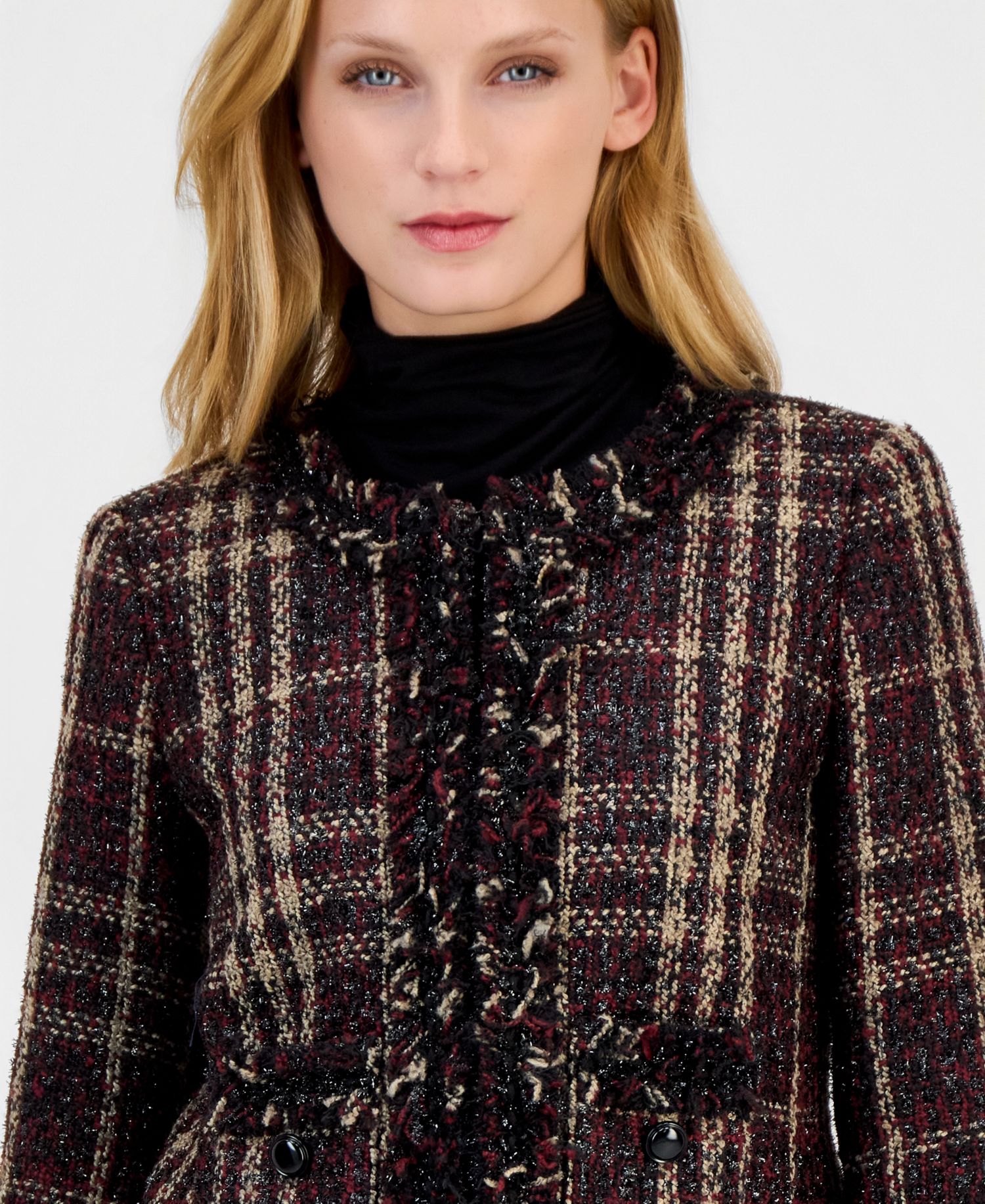 Petite Fringe-Trim Plaid Shawl-Collar Jacket