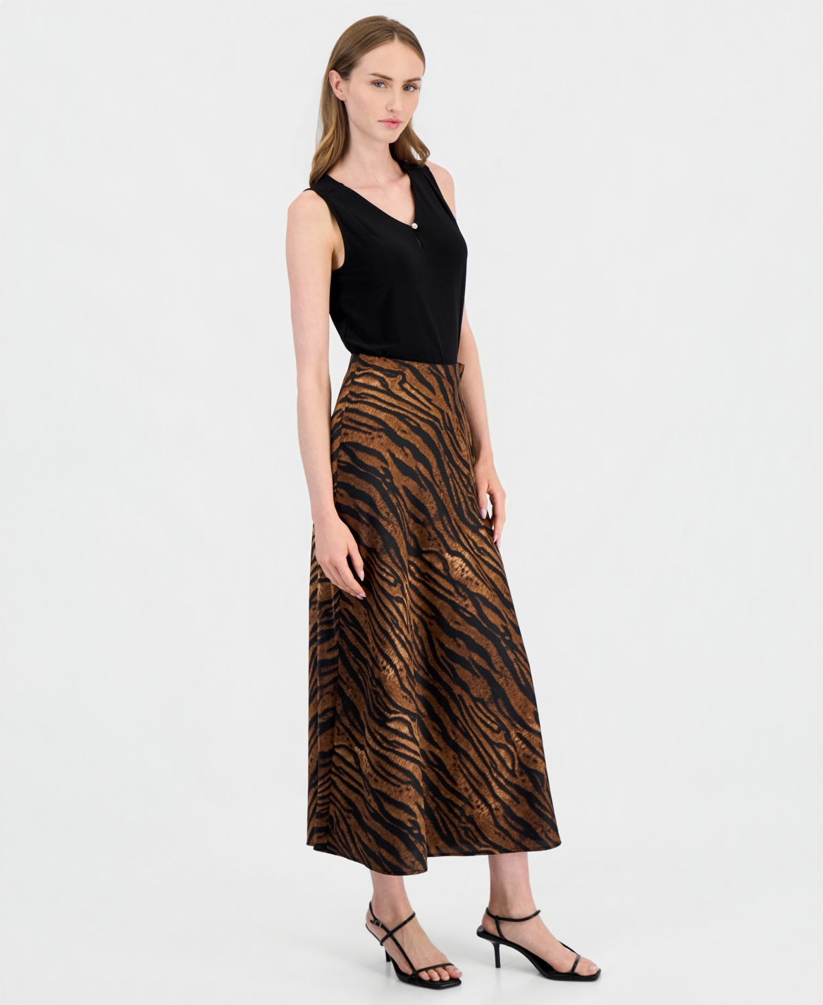 Anne Klein Petite Po Bias Animal-Print Lace-Trim High-Waisted Midi Skirt