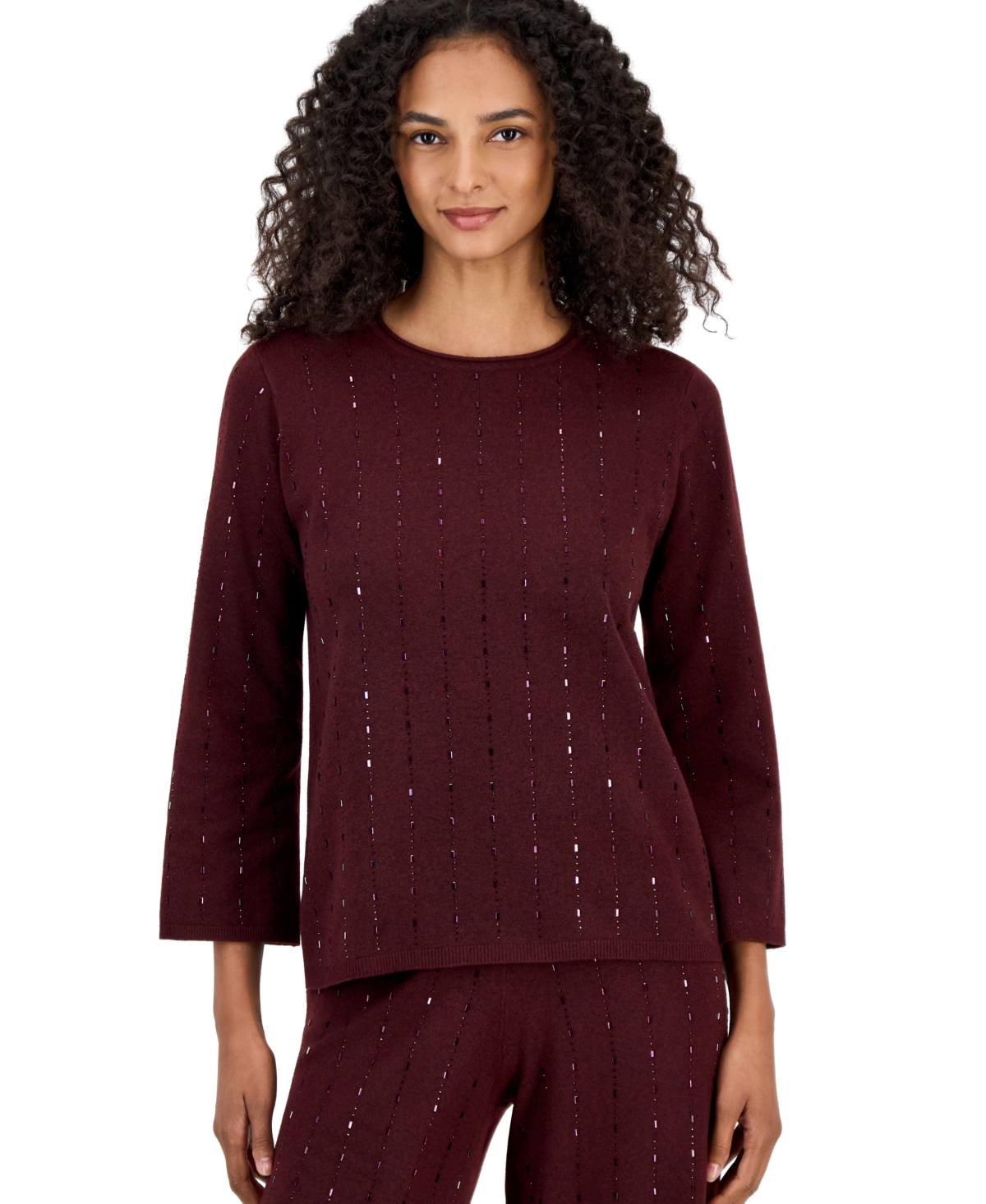 Anne Klein Women's Fitted Crewneck 3/4-Sleeve Pullover Sweater