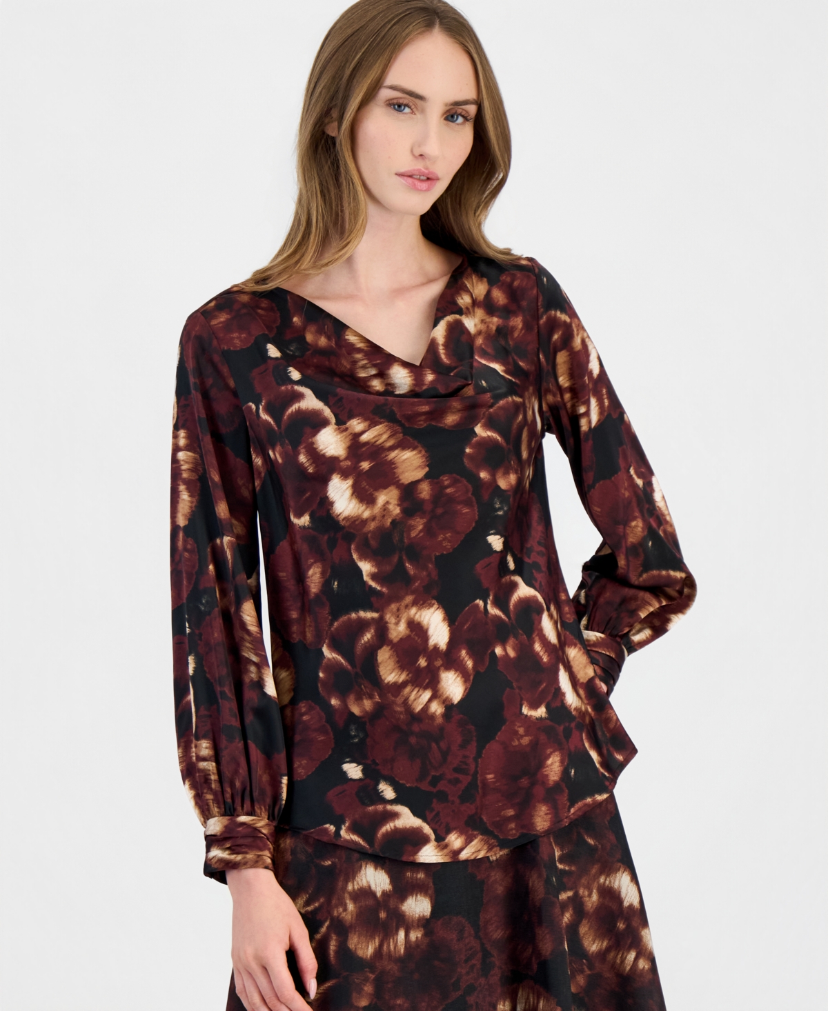 Anne Klein Petite Drape Neck Floral-Print Long-Sleeve Blouse