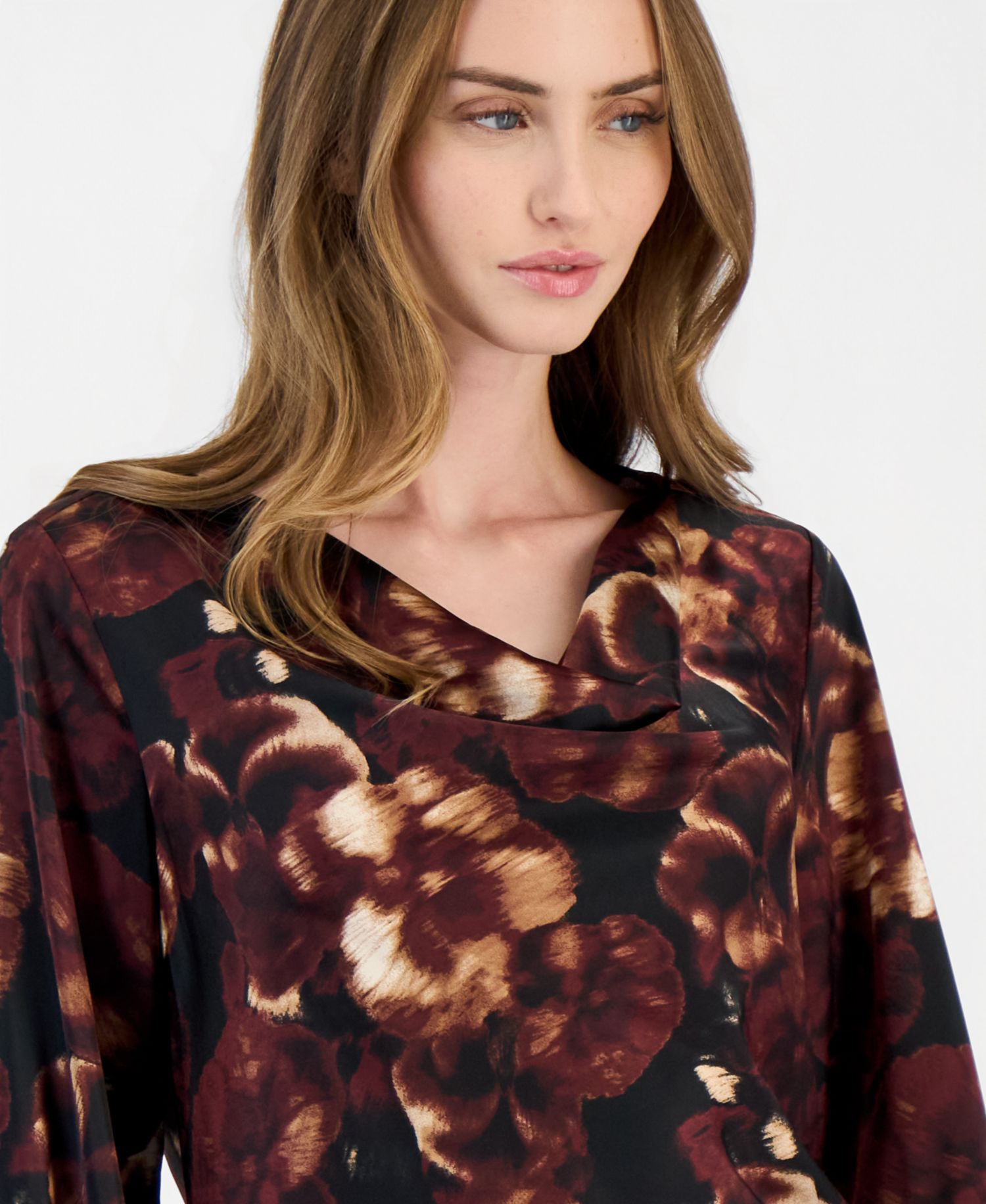 petite Floral-Print Long-Sleeve Drape Neck Blouse