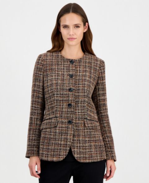 Женский пиджак Anne Klein Collarless Plaid Blazer, цвет: Красное дерево разноцветный
