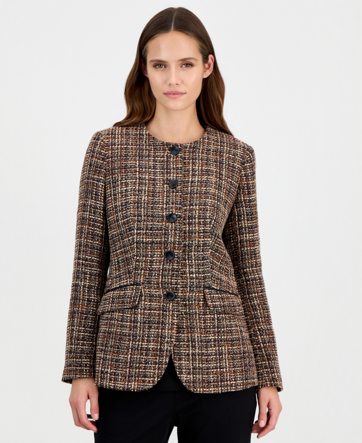 Anne Klein Women's Collarless Plaid Blazer