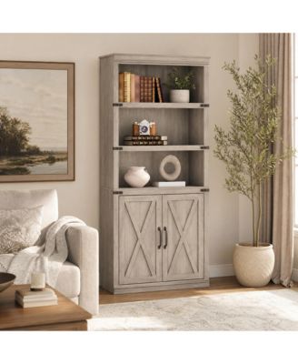 Retro Bookcase with 2 Glass Doors, Display Cabinet with Shelves for Living Room Home Office Study